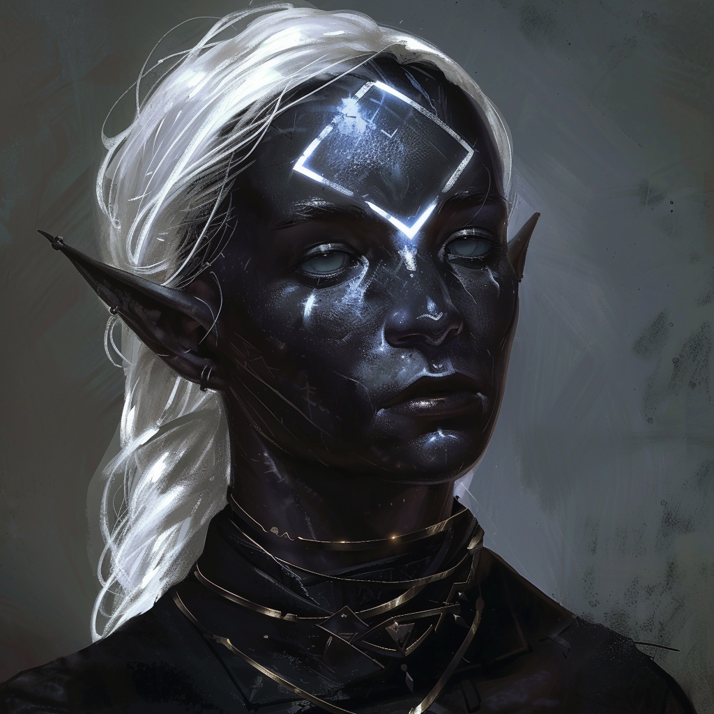 A Daruner woman: jet-black skin, white hair, geometric mark glowing on her forehead