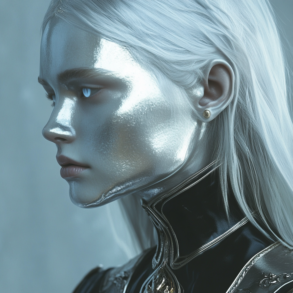 An Elkyr woman: metallic silver skin, white hair, the faint glow of sea-blue eyes, armored for travel