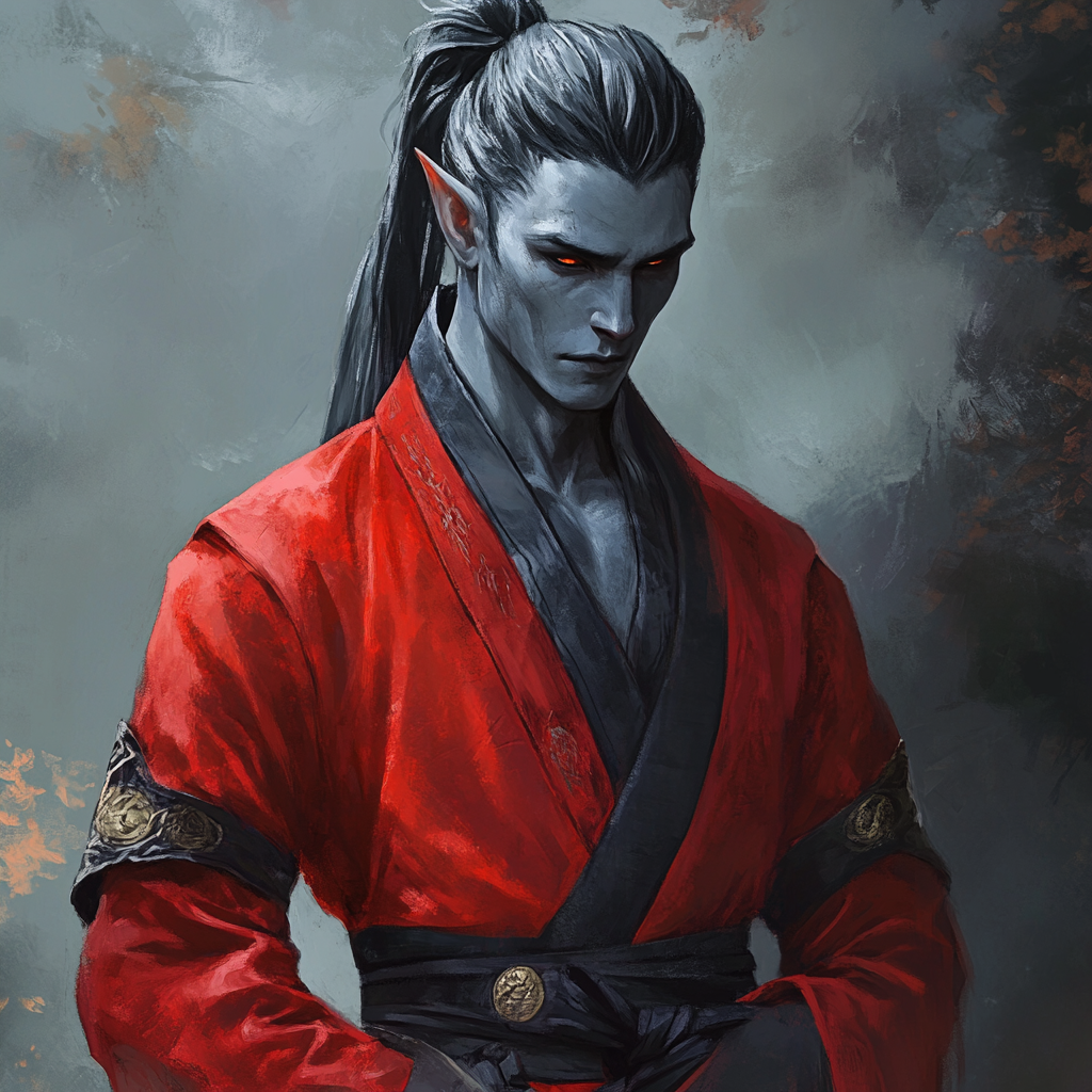 A Nyl man: ashen grey complexion, glowing red eyes, composed but present