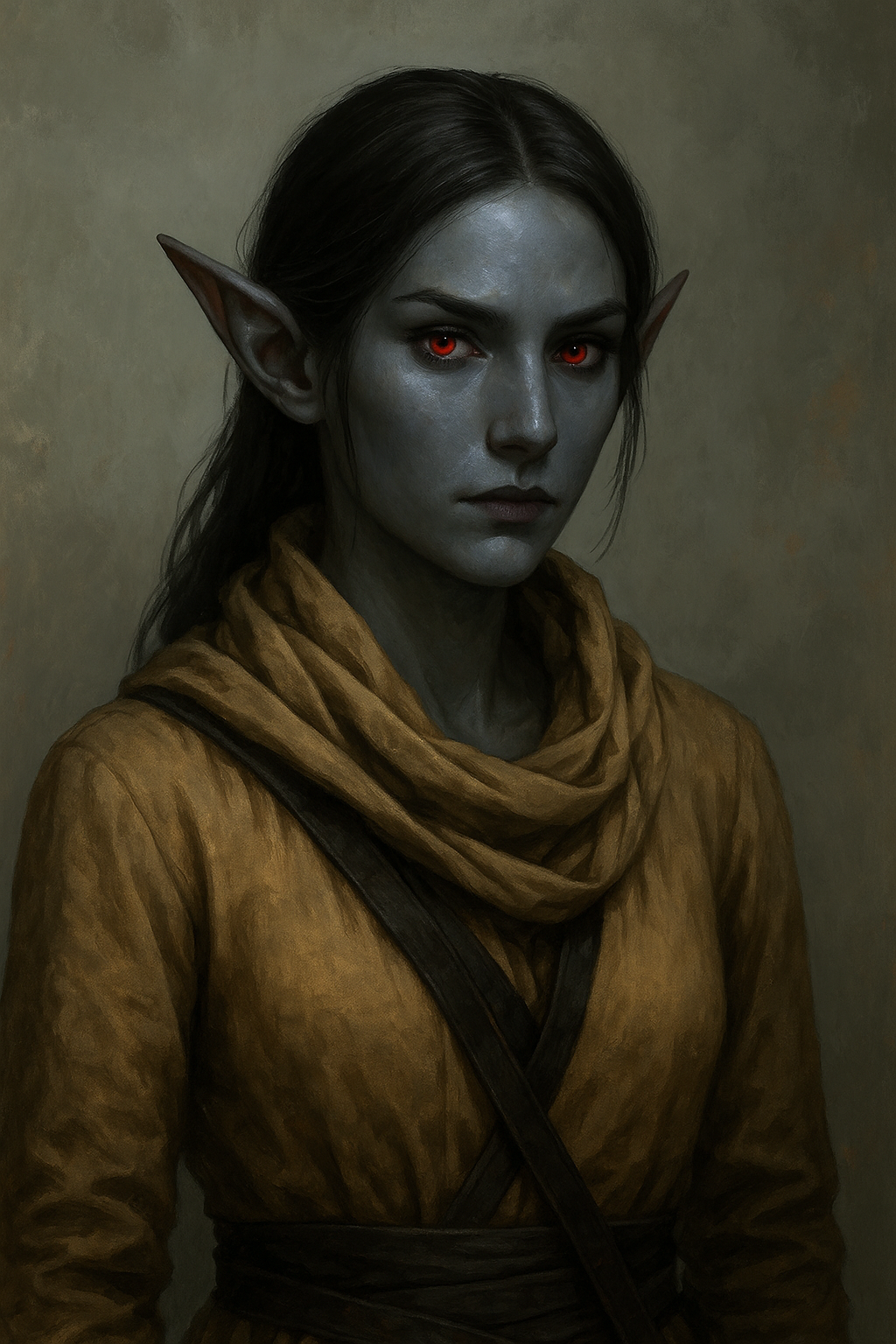 A Nyl woman: the same grey complexion, red eyes, expression carefully neutral