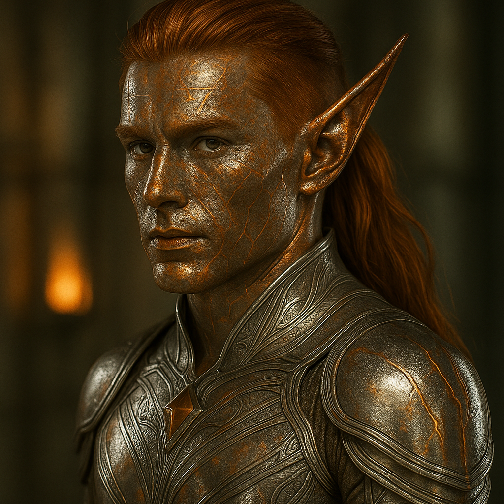 An Okoi warrior: copper metallic complexion, geometric facial markings, armored