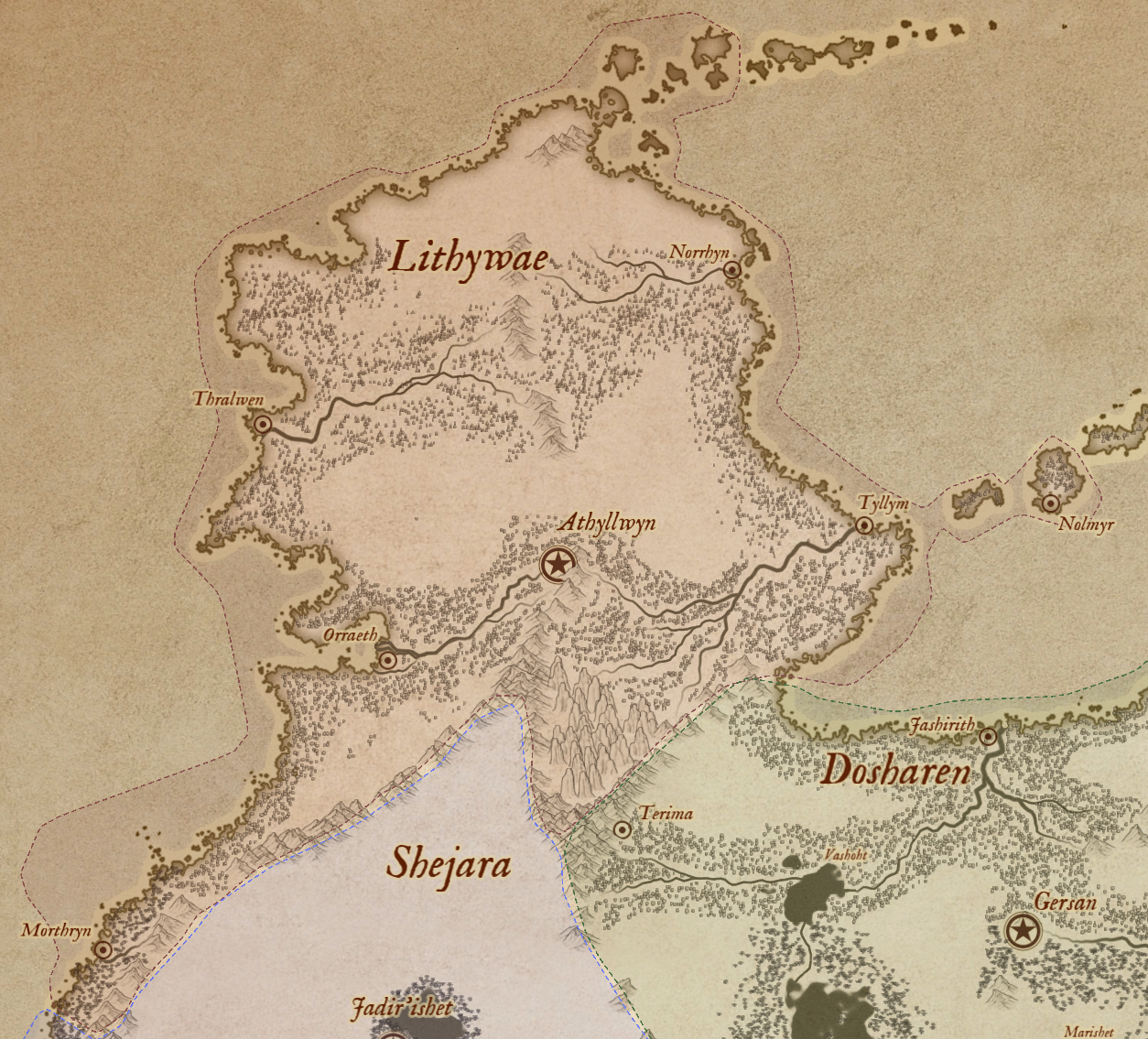 Map of Lithywae, showing Athyllwyn, Thralwen, Orraeth, Tyllym, Nolmyr, Norrhyn, and Morthryn