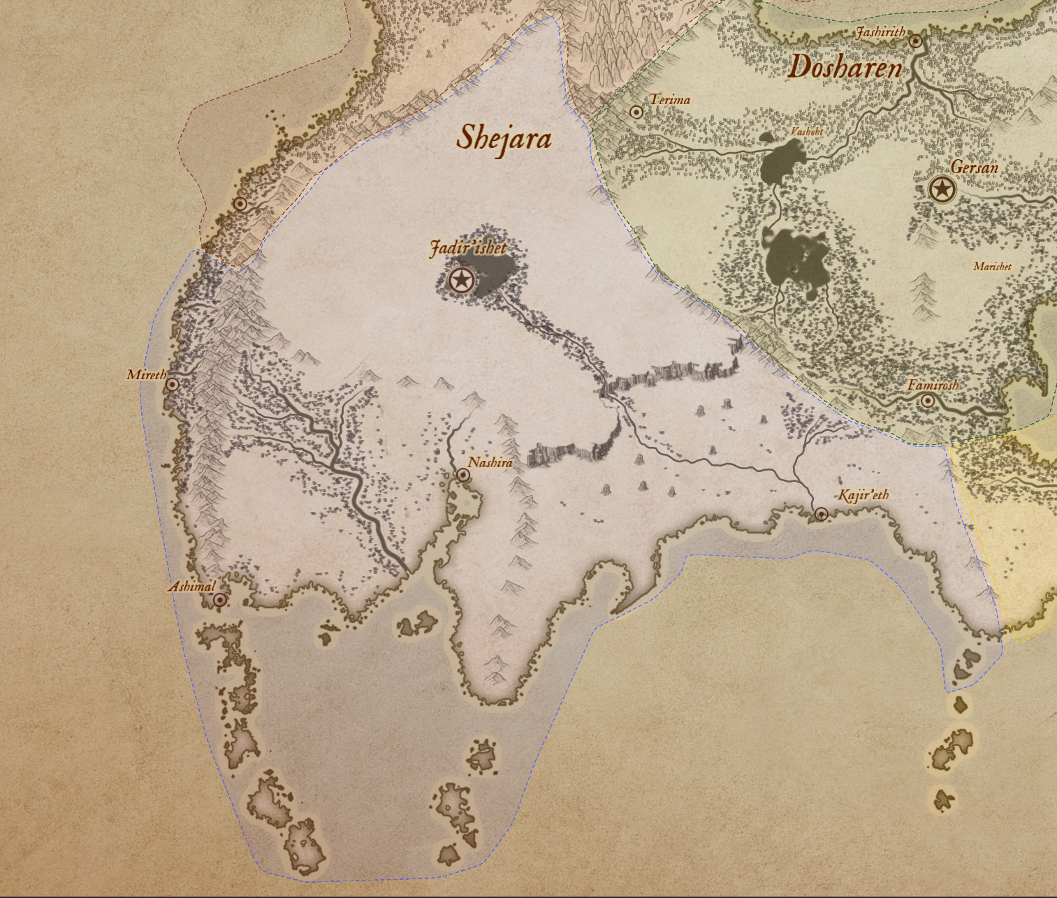 Map of Shejara, showing Jadir'ishet, Mireth, Ashimal, Nashira, and Kajir'eth